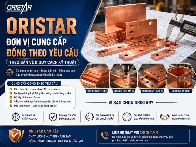 Đồng Theo Yêu Cầu Có Những Loại Nào? Báo Giá & Quy Cách Mới Nhất Meta: Nhận cắt đồng theo yêu cầu với nhiều loại đồng tấm, đồng thanh, đồng cuộn. Hỗ trợ theo kích thước, độ dày, bản vẽ kỹ thuật và giao hàng toàn quốc. Khi tìm đơn vị cung cấp đồng theo yêu cầu, nhiều doanh nghiệp thường gặp tình trạng phải mua nguyên tấm hoặc nguyên cuộn gây dư vật liệu và tốn chi phí. Ngoài ra, việc chọn sai độ dày, sai kích thước hoặc không đúng loại đồng phù hợp cũng dễ làm phát sinh lỗi gia công và chậm tiến độ sản xuất. Vì vậy, xu hướng hiện nay là ưu tiên các đơn vị có thể cắt đồng theo yêu cầu đúng kích thước theo bản vẽ, hỗ trợ kỹ thuật và giao hàng nhanh theo yêu cầu thực tế. Cắt đồng theo yêu cầu như thế nào? Đồng theo yêu cầu là hình thức cung cấp đồng tấm, đồng thanh hoặc đồng cuộn theo kích thước, độ dày hoặc bản vẽ kỹ thuật phù hợp cho cơ khí, CNC và điện công nghiệp. Thay vì phải mua nguyên tấm hoặc nguyên cuộn, khách hàng có thể: Cắt theo kích thước Chọn đúng độ dày Gia công theo yêu cầu Đặt theo bản vẽ kỹ thuật Hình thức này giúp: Giảm hao hụt vật liệu Tiết kiệm chi phí Tối ưu gia công Phù hợp sản xuất thực tế Đây là nhu cầu rất phổ biến trong: Cơ khí CNC Tủ điện Điện công nghiệp Gia công kỹ thuật Khi nào doanh nghiệp cần đặt đồng theo yêu cầu? Trong thực tế sản xuất, không phải lúc nào doanh nghiệp cũng cần mua nguyên tấm hoặc nguyên cuộn. Với nhiều ngành như cơ khí, CNC hay điện công nghiệp, việc đặt đồng theo yêu cầu giúp tối ưu vật liệu và phù hợp trực tiếp với nhu cầu gia công thực tế. Cần đúng kích thước để giảm hao hụt Nhiều doanh nghiệp hiện chỉ cần một phần vật liệu cho sản xuất hoặc gia công thử nghiệm. Nếu mua nguyên tấm hoặc nguyên cuộn sẽ dễ: Dư vật liệu Tăng tồn kho Tăng chi phí đầu vào Vì vậy, xu hướng hiện nay là cắt đúng kích thước theo nhu cầu thực tế. Cần đúng độ dày theo kỹ thuật Mỗi ứng dụng sẽ yêu cầu độ dày khác nhau. Ví dụ: Tủ điện cần độ dày phù hợp tải điện CNC cần độ dày ổn định để gia công Điện tử cần vật liệu mỏng và chính xác Chọn sai độ dày có thể gây: Tăng chi phí Khó gia công Không đạt yêu cầu kỹ thuật Cần đồng theo bản vẽ kỹ thuật Nhiều đơn vị hiện cần: Cắt theo bản vẽ Theo quy cách riêng Theo kích thước đặc biệt Điều này rất phổ biến trong: CNC Gia công cơ khí Sản xuất kỹ thuật Tủ điện công nghiệp Cần giao nhanh theo tiến độ sản xuất Với ngành sản xuất, tiến độ vật liệu ảnh hưởng trực tiếp đến toàn bộ dây chuyền. Do đó, nhiều doanh nghiệp ưu tiên đơn vị có thể: Báo giá nhanh Cắt nhanh Giao hàng đúng tiến độ Không muốn tồn kho vật liệu Mua vật liệu đúng quy cách giúp: Giảm tồn kho Giảm vốn lưu động Tối ưu diện tích kho Giảm vật liệu dư thừa Các loại đồng thường đặt theo yêu cầu Hiện nay, vật liệu đồng được cung cấp dưới nhiều dạng khác nhau nhằm phù hợp với từng ứng dụng sản xuất và gia công thực tế. Việc chọn đúng dạng đồng sẽ giúp tối ưu chi phí và dễ gia công hơn. Loại đồng Ứng dụng phổ biến Ưu điểm Đồng tấm CNC, cơ khí, điện công nghiệp Dễ gia công, đa dạng độ dày Đồng thanh Tủ điện, cơ khí Dẫn điện tốt, chịu tải cao Đồng cuộn Dập, chấn, điện tử Tiết kiệm vật liệu, dễ gia công liên tục Đồng dẫn điện Hệ thống điện, tủ điện Độ dẫn điện cao, hoạt động ổn định Đồng thanh cái Trạm điện, điện công nghiệp Chịu dòng tải lớn Đồng lục giác CNC, bulong kỹ thuật Dễ kẹp gia công, tối ưu sản xuất Bảng giá đồng theo yêu cầu mới nhất Giá đồng theo yêu cầu thực tế thường không tính theo một mức cố định mà sẽ phụ thuộc vào bản vẽ kỹ thuật, độ dày, quy cách cắt và mức độ gia công của từng đơn hàng. Với các đơn hàng kỹ thuật, doanh nghiệp thường quan tâm nhiều hơn đến khả năng đáp ứng đúng kích thước, đúng dung sai và tiến độ giao hàng. Bảng giá đồng theo bản vẽ kỹ thuật Yêu cầu kỹ thuật Nội dung triển khai Giá tham khảo Cắt theo kích thước Cắt theo chiều dài/rộng yêu cầu Liên hệ Cắt theo bản vẽ CAD Gia công theo file kỹ thuật Liên hệ Đồng đúng độ dày 0.5mm – 10mm+ Liên hệ Gia công số lượng nhỏ Gia công mẫu/test Liên hệ Đơn hàng sản xuất lớn Theo lô sản xuất Liên hệ Gia công theo ứng dụng CNC, tủ điện, điện công nghiệp Liên hệ Giá đồng phụ thuộc vào những yếu tố nào? Yếu tố Ảnh hưởng đến giá Loại đồng Đồng đỏ thường giá cao hơn Độ dày vật liệu Càng dày giá càng tăng Kích thước cắt Quy cách đặc biệt có thể phát sinh chi phí Bản vẽ kỹ thuật Độ phức tạp ảnh hưởng giá gia công Số lượng đặt hàng Đơn hàng lớn thường có giá tốt hơn Giá đồng thị trường Biến động theo thời điểm Quy trình đặt đồng theo yêu cầu Trong thực tế sản xuất, việc đặt đồng theo yêu cầu thường được triển khai theo từng bước nhằm đảm bảo đúng quy cách và tiến độ giao hàng. Bước 1: Xác định quy cách vật liệu Khách hàng cần xác định: Loại đồng Kích thước Độ dày Số lượng Đây là bước rất quan trọng giúp tối ưu chi phí và giảm sai sót. Bước 2: Chọn vật liệu phù hợp Tùy theo ứng dụng sẽ chọn loại đồng khác nhau. Ví dụ: Tủ điện chọn đồng thanh CNC chọn đồng tấm Điện tử chọn đồng cuộn Bước 3: Gửi bản vẽ hoặc yêu cầu kỹ thuật Một số đơn hàng kỹ thuật sẽ cần: Bản vẽ CAD Kích thước chi tiết Yêu cầu gia công Điều này giúp: Giảm sai số Đúng quy cách Dễ sản xuất hơn Bước 4: Báo giá và xác nhận tiến độ Sau khi nhận yêu cầu, đơn vị cung cấp sẽ: Báo giá Xác nhận thời gian giao hàng Tư vấn vật liệu phù hợp Bước 5: Cắt và giao hàng Vật liệu sẽ được: Cắt theo quy cách Kiểm tra kích thước Đóng gói Giao hàng theo tiến độ Cách chọn đồng theo yêu cầu để tối ưu chi phí Trong thực tế, chi phí vật liệu không chỉ phụ thuộc vào giá đồng mà còn nằm ở cách lựa chọn đúng quy cách và phương án gia công phù hợp. Cách chọn Lợi ích Chọn đúng độ dày Giảm giá vật liệu Chọn đúng dạng đồng Dễ gia công Cắt đúng kích thước Giảm hao hụt Đặt đúng số lượng Giảm tồn kho Chọn đúng ứng dụng Tăng hiệu quả sử dụng Chọn đúng dạng đồng Mỗi ứng dụng sẽ phù hợp với từng loại đồng khác nhau. Ví dụ: CNC → đồng tấm Tủ điện → đồng thanh Điện tử → đồng cuộn Chọn đúng độ dày Không nên chọn vật liệu quá dày nếu không cần thiết. Điều này giúp: Giảm chi phí Giảm trọng lượng Dễ gia công hơn Cắt đúng kích thước thực tế Cắt đúng quy cách giúp: Giảm vật liệu dư Giảm công đoạn xử lý lại Tối ưu sản xuất Oristar – Đơn vị cung cấp đồng theo yêu cầu theo bản vẽ & quy cách kỹ thuật Hiện nay, nhiều doanh nghiệp không chỉ cần mua vật liệu đồng thông thường mà còn cần đơn vị có thể hỗ trợ theo đúng quy cách sản xuất thực tế như kích thước riêng, độ dày kỹ thuật hoặc bản vẽ gia công. Đây cũng là lý do nhu cầu tìm nhà cung cấp đồng theo yêu cầu ngày càng tăng trong các ngành cơ khí, CNC và điện công nghiệp. Oristar là đơn vị cung cấp vật liệu đồng phục vụ cho: Cơ khí CNC Điện công nghiệp Tủ điện Gia công kỹ thuật Nhà máy sản xuất Các sản phẩm phổ biến gồm: Dòng vật liệu Ứng dụng phổ biến Đồng tấm CNC, cơ khí, gia công kỹ thuật Đồng thanh Tủ điện, điện công nghiệp Đồng cuộn Dập, chấn, điện tử Đồng dẫn điện Hệ thống điện, thiết bị công nghiệp Đồng thanh cái Trạm điện, tủ điện công suất lớn Đồng lục giác CNC, chi tiết kỹ thuật Oristar hỗ trợ: Cắt theo kích thước yêu cầu Hỗ trợ theo bản vẽ kỹ thuật Tư vấn chọn vật liệu phù hợp ứng dụng Hỗ trợ nhiều độ dày và quy cách Giao hàng theo tiến độ sản xuất FAQ – Câu hỏi thường gặp Có nhận cắt đồng theo kích thước không? Có. Nhiều đơn vị hiện hỗ trợ cắt theo kích thước và quy cách yêu cầu. Có nhận theo bản vẽ kỹ thuật không? Có thể hỗ trợ theo bản vẽ hoặc yêu cầu kỹ thuật riêng. Có bán số lượng nhỏ không? Có. Một số đơn vị hiện hỗ trợ đơn hàng nhỏ và gia công mẫu. Đồng theo yêu cầu giá bao nhiêu? Giá phụ thuộc loại đồng, độ dày, quy cách và số lượng. Có giao hàng toàn quốc không? Nhiều đơn vị hiện hỗ trợ giao hàng toàn quốc. Kết luận Đồng theo yêu cầu là giải pháp giúp doanh nghiệp tối ưu vật liệu, giảm hao hụt và phù hợp trực tiếp với nhu cầu sản xuất thực tế. Thay vì phải mua nguyên tấm hoặc nguyên cuộn, khách hàng có thể lựa chọn đúng kích thước, độ dày và quy cách cần dùng. Nếu bạn đang cần tìm đơn vị nhận cắt đồng theo yêu cầu với đa dạng quy cách và hỗ trợ kỹ thuật, Oristar là một trong những lựa chọn phù hợp hiện nay Thông tin liên hệ: Hotline: 098 875 06 86 Email: info@oristar.vn Zalo OA Website E-commerce Official Website Khuyến cáo (Disclaimer): Mọi thông số kỹ thuật và cơ lý tính trong bài viết chỉ mang tính chất tham khảo và có thể thay đổi tùy thuộc vào quy cách, trạng thái vật liệu và nhà sản xuất. Thông số này không thay thế cho các tiêu chuẩn sản xuất chính thức (JIS, ASTM...). Quý khách vui lòng liên hệ Oristar để nhận tư vấn chi tiết và chính xác nhất cho nhu cầu của mình.